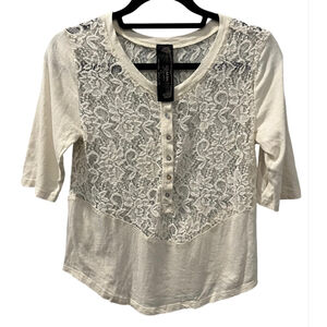 Free People New Romantics Henley Linen Ivory Lace Shirt Size Small Stretch